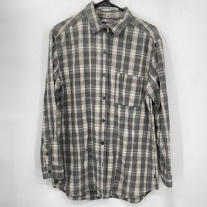 North Face Shirt Womens M  Gray Cream Plaid Flannel Button Up Pocket‎ Long Slv